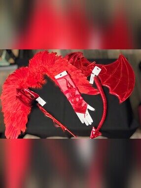 Red Devil/Fallen Angel Costume Set Wings Tail Pitchfork Gloves Halloween Cosplay